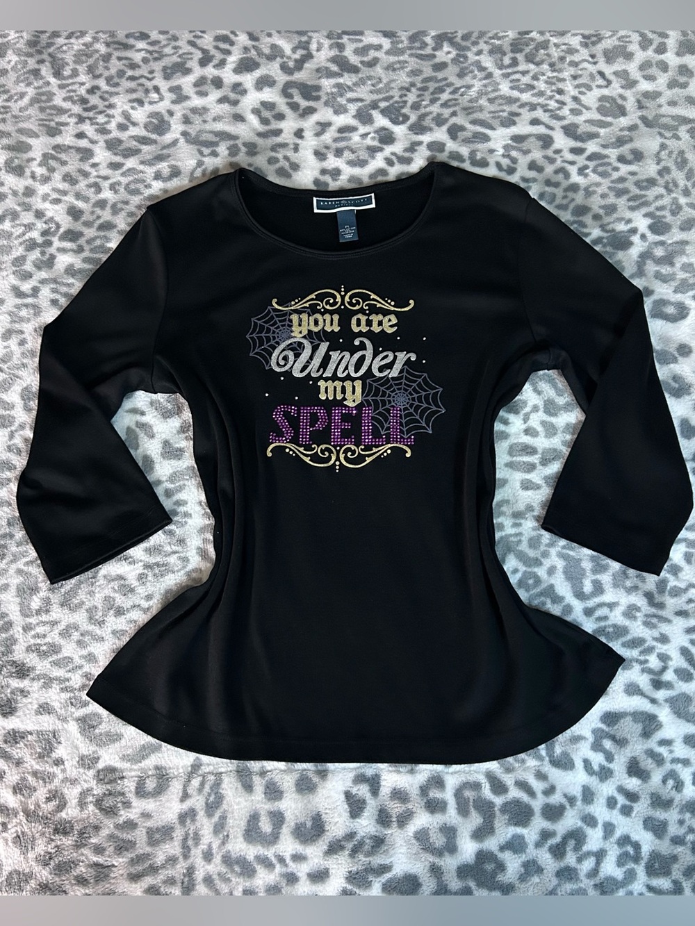 Karen Scott Black Graphic Long Sleeve Top Size PL